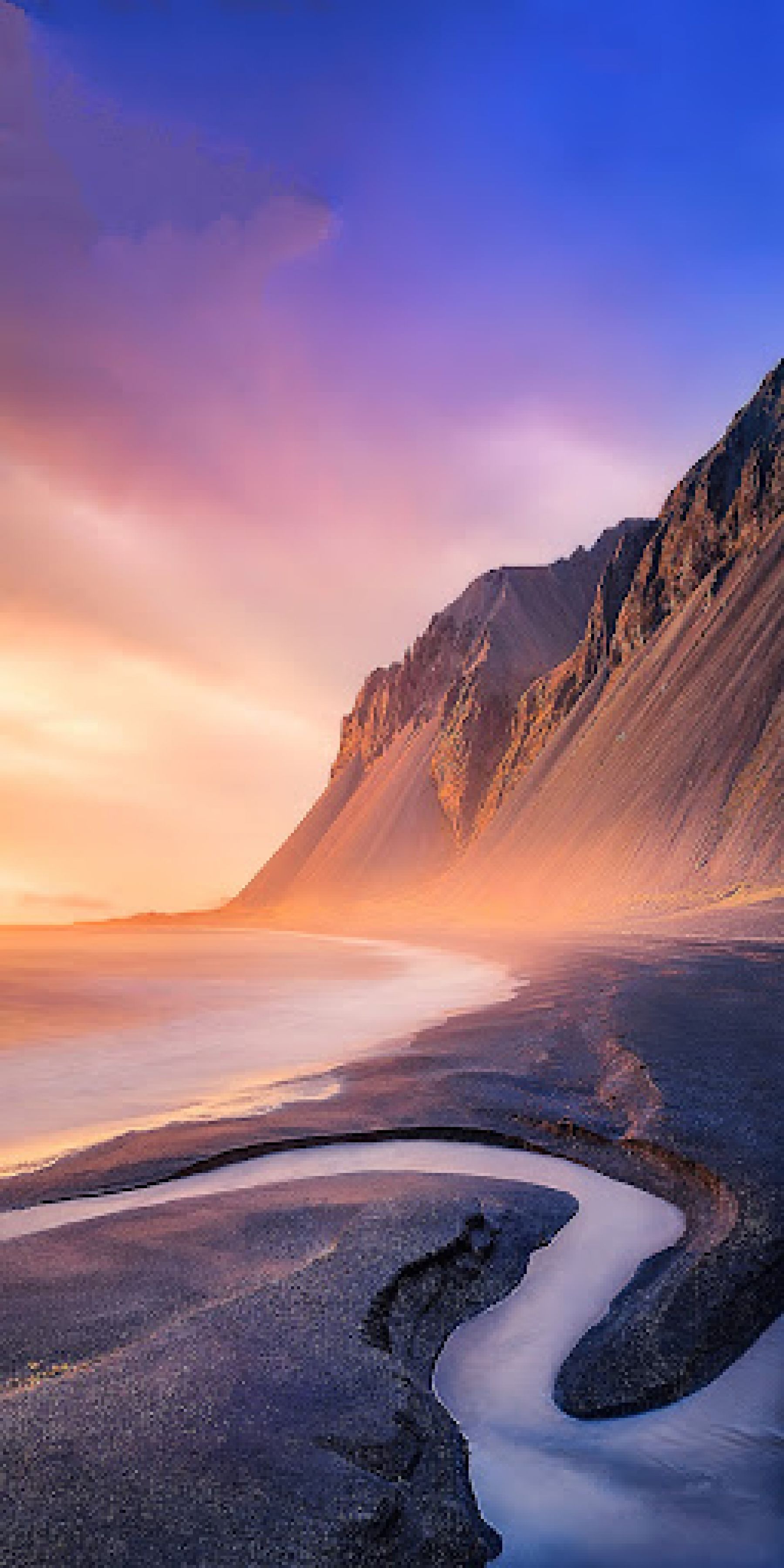 1800x3600 Intense Magical Mountain Landscape With Intense Blue And Yellow Sky And Small River Into The Ocean