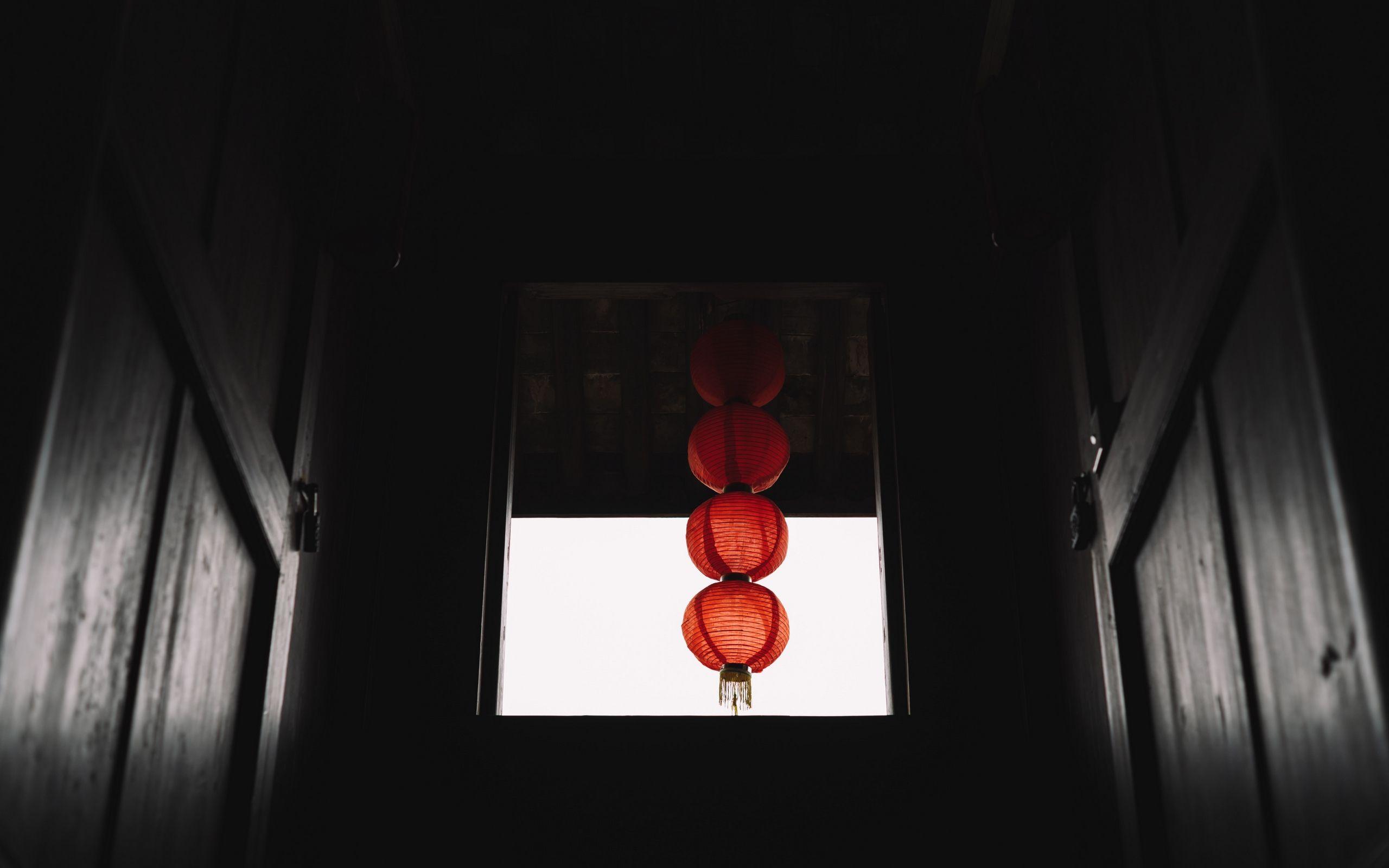 2560x1600 Download wallpaper 2560x1600 window, chinese lantern, red, dark