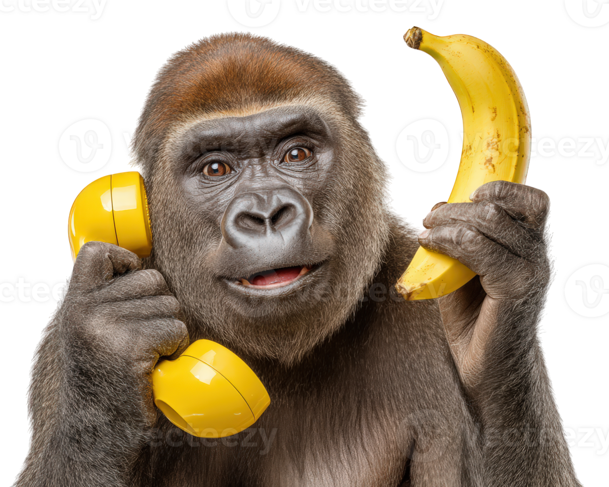 1225x980 Gorilla holding yellow banana and yellow phone receiver, humorous expression, isolated on transparency background, playful and funny animal concept 70647235 PNG