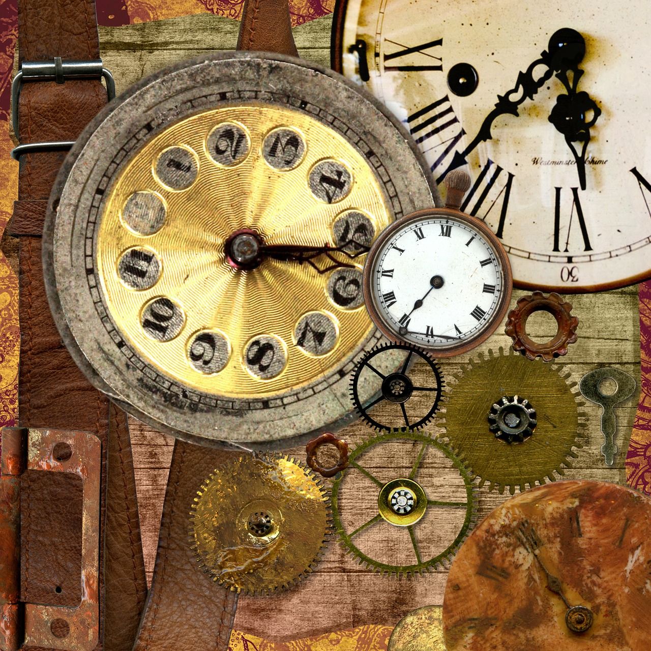 1280x1280 Clocks, background, paper, texture, collage