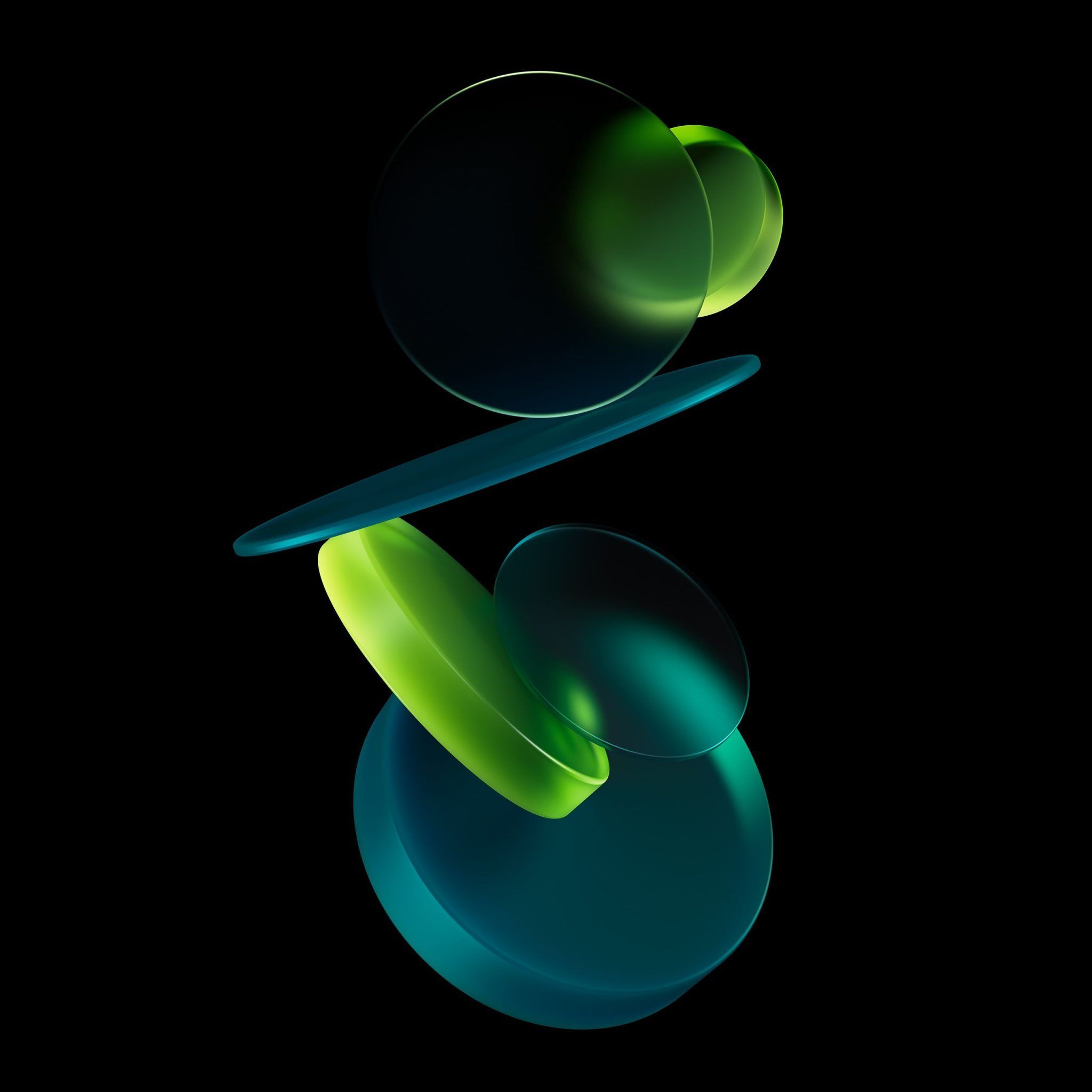 2048x2048 Xiaomi Google Android Mi Pad 5 Pro Stock Wallpaper Multi Colour Color Circular Circle Shapes Rounded Spheres 3D Frosted Glass Green Dark Mode