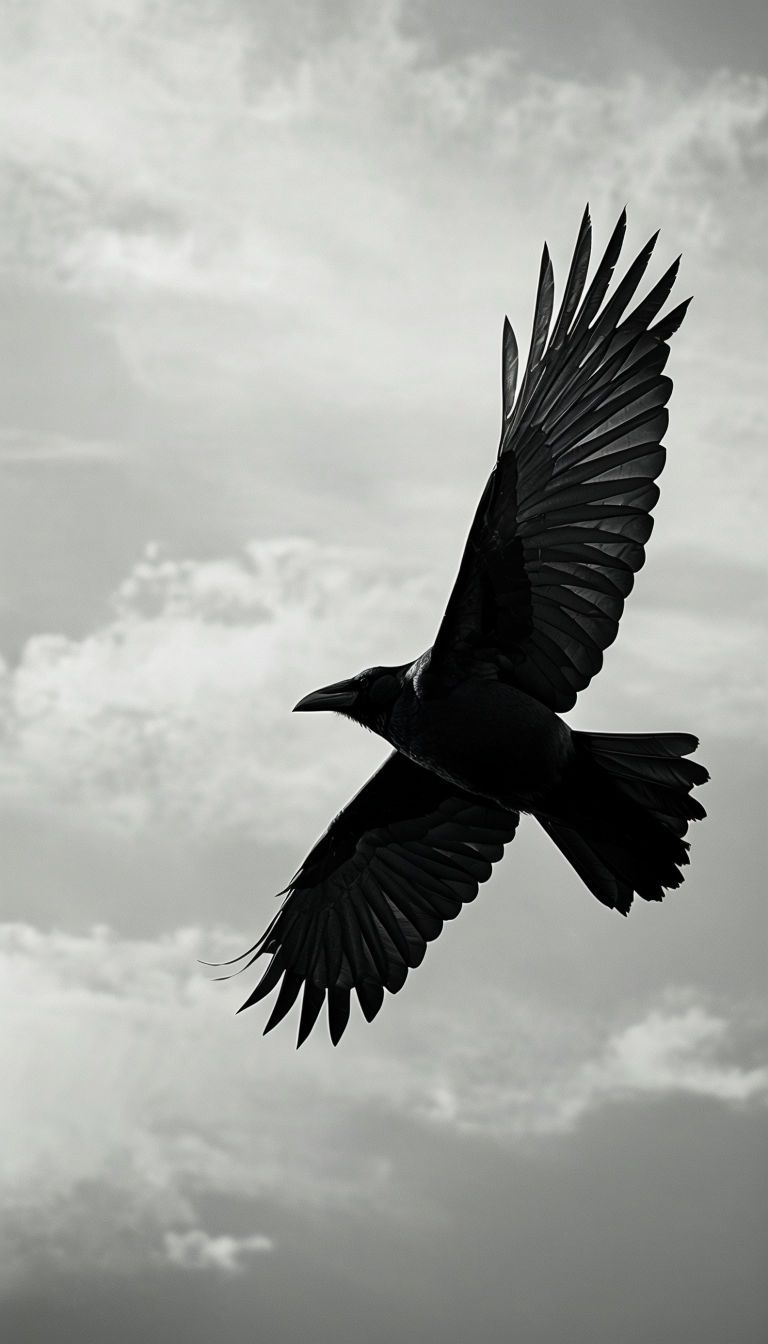 768x1344 Elegant Black and White Crow Flying Against Cloudy Sky Wallpaper