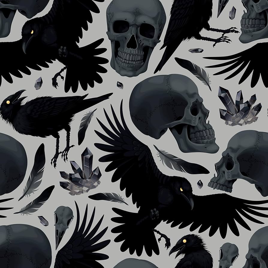 894x894 Livelynine Black Skull Wallpaper Stick and Peel Gothic Peel and Stick Wall Paper Roll Renter Friendly Crow Raven Harry Potter Witchy Gothic Contact Paper for Cabinets Furniture Backdrop 17.5x78.8