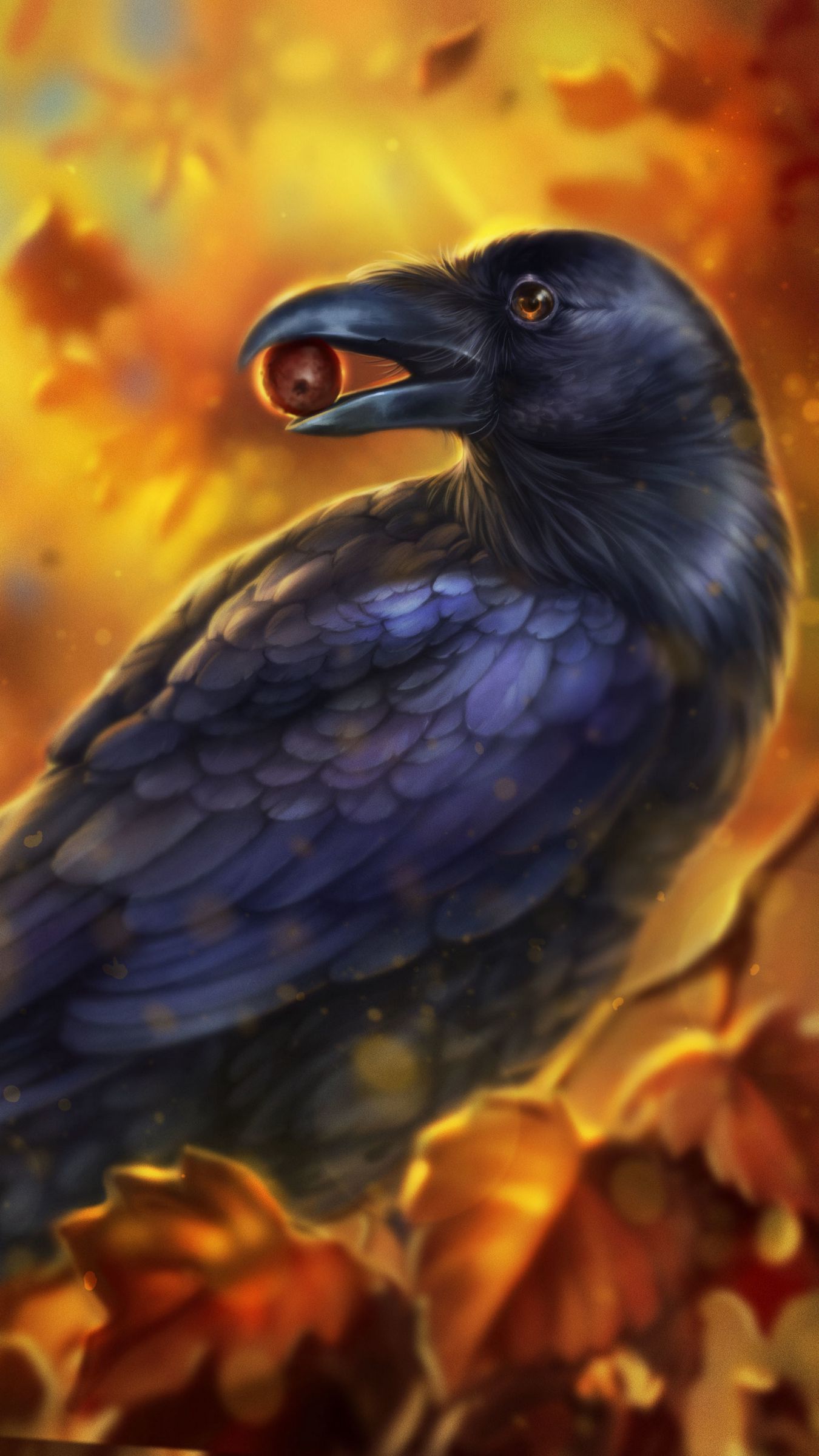 1350x2400 Download wallpaper 1350x2400 crow, bird, art, beak, acorn, leaves iphone 8+/7+/6s+/for parallax HD background