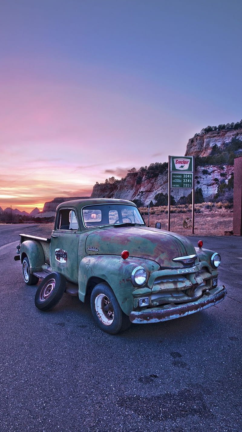 800x1427 Chevrolet sunset, automotive lighting, old trucks, HD phone wallpaper