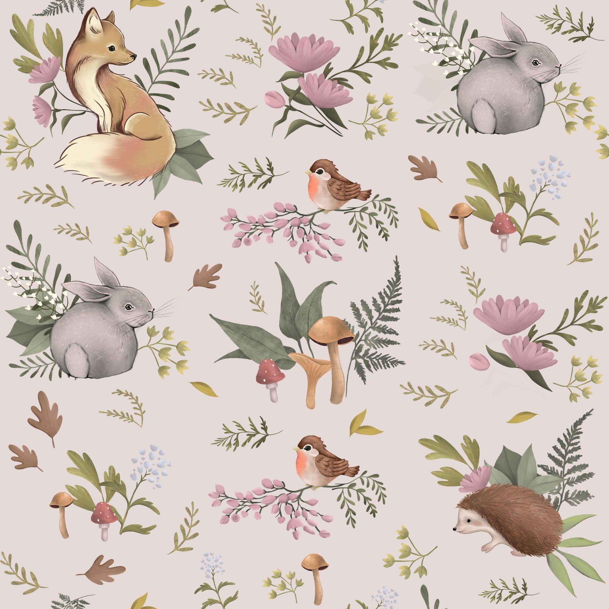 2000x2000 Cute Self Adhesive Forest Nursery Wallpaper. Wood Baby Animal Contact Paper. Kids Room Fox Wall Decor. Bunny Peel and Stick Wall Art. Children's Woodland Bird Repeating Pattern
