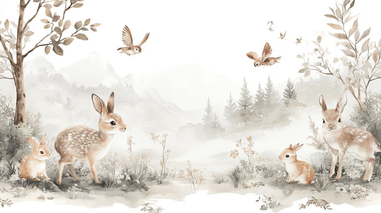 1214x680 Forest Animals Mural Wallpaper. Enchanted Woodland with Bunnies and Birds
