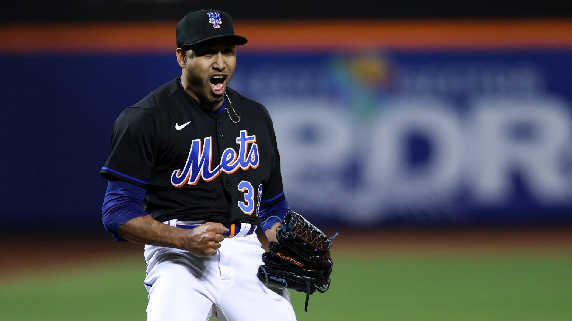 1920x1080 Download Edwin Diaz Celebrating In Black Mets Jersey Wallpaper
