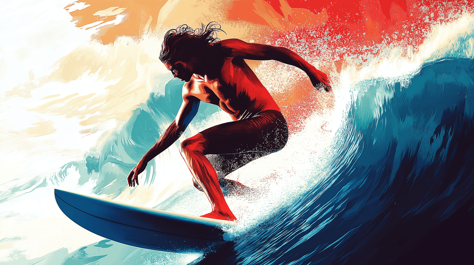1600x897 Mural Wallpaper surf. Surfer in full action with dynamic waves