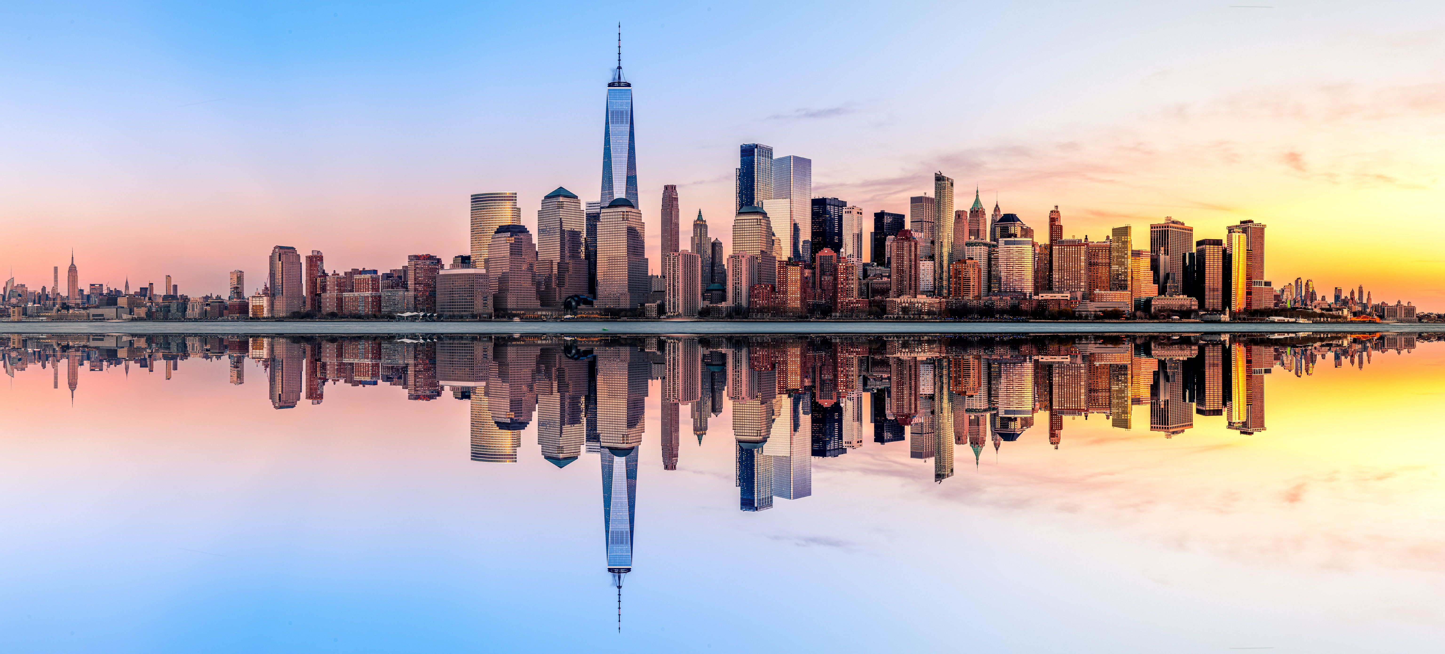 6144x2781 New York City Wallpaper 4K, Panorama, Skyline, Sunset