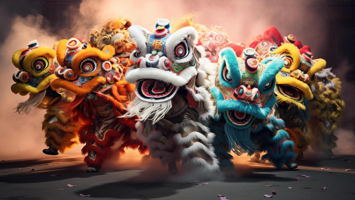1244x700 AI generated vibrant traditional lion and dragon dances at chinese new year