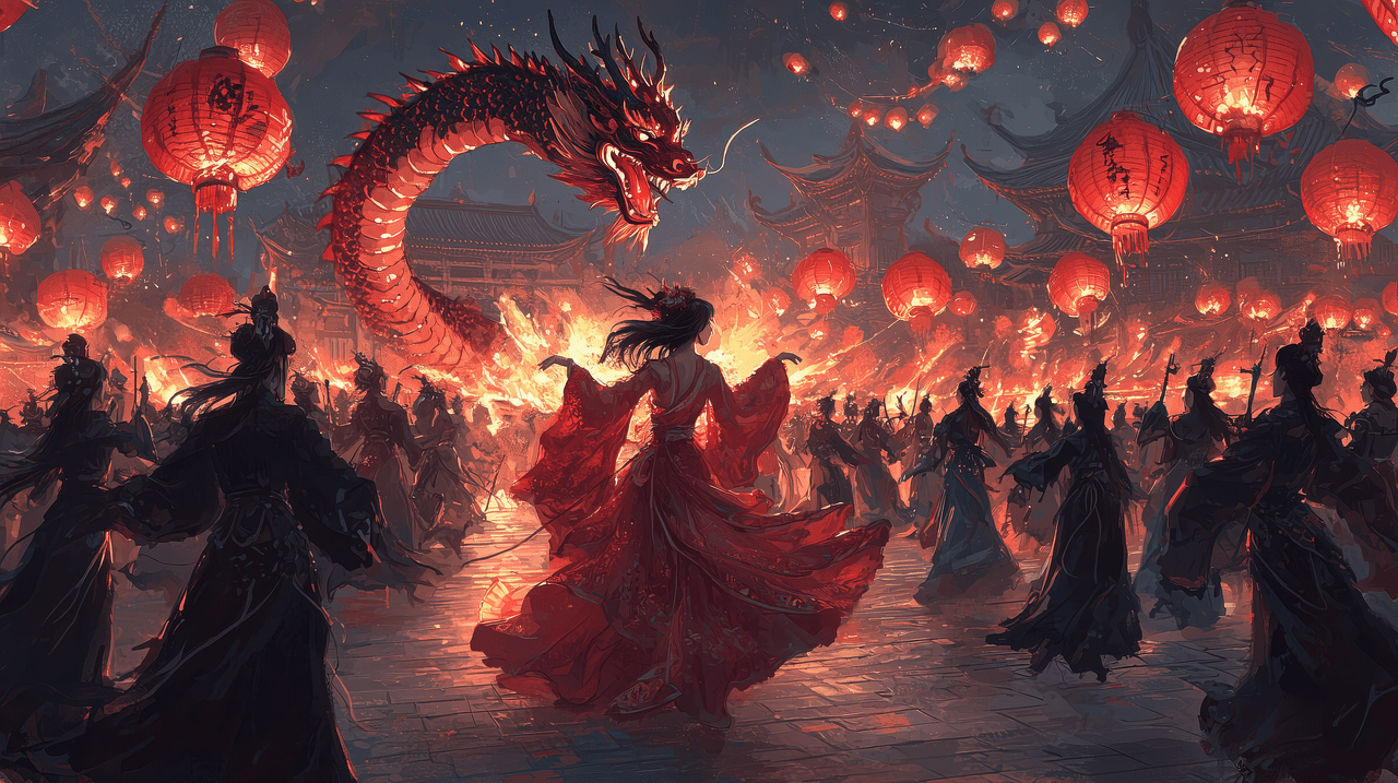 1280x717 Download Dragon Dance Lunar New Year Lanterns. Royalty Free Stock Illustration Image