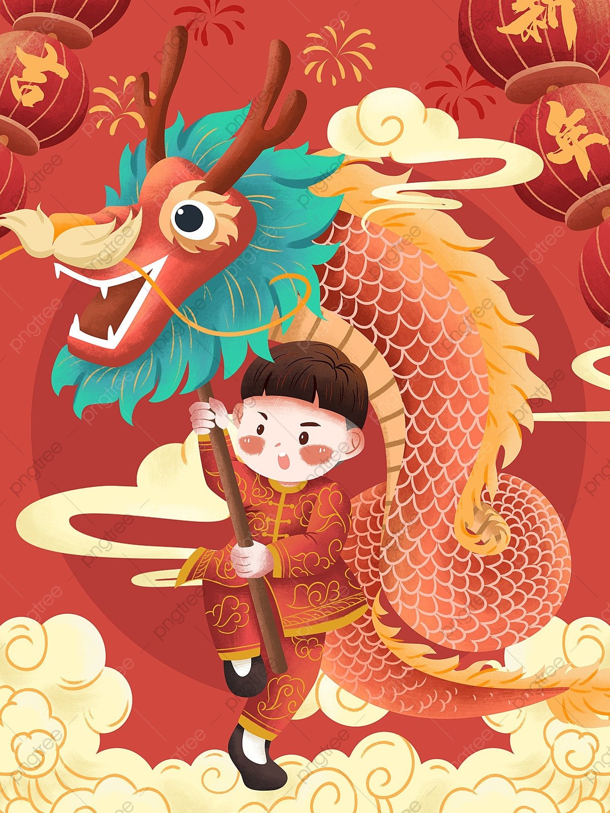 1200x1600 Red Dragon Dance Illustration For Celebrating The New Year, Festive, Happy New Year, New Year Illustration Background And Wallpaper For Free Download