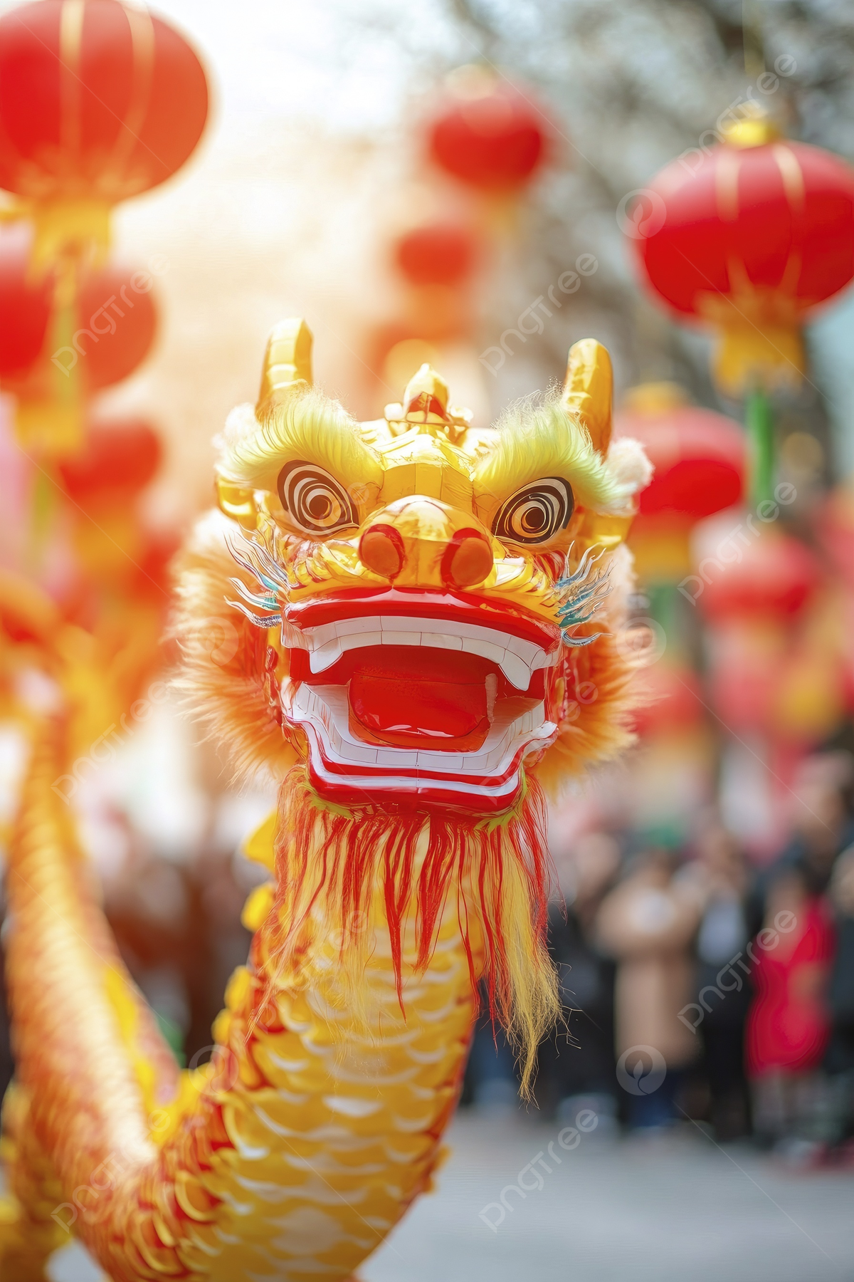 1200x1800 Chinese New Year Concept A Dragon In Red And Golden Color Lanterns Hanging On Blur Bright Background Wallpaper Image For Free Download