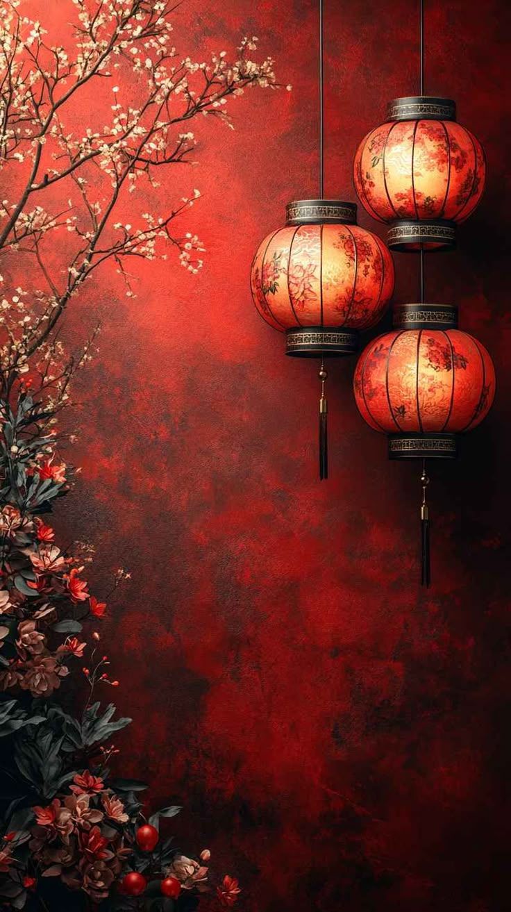 736x1313 Chinese New Year Red Wallpaper: Floral Lanterns Background