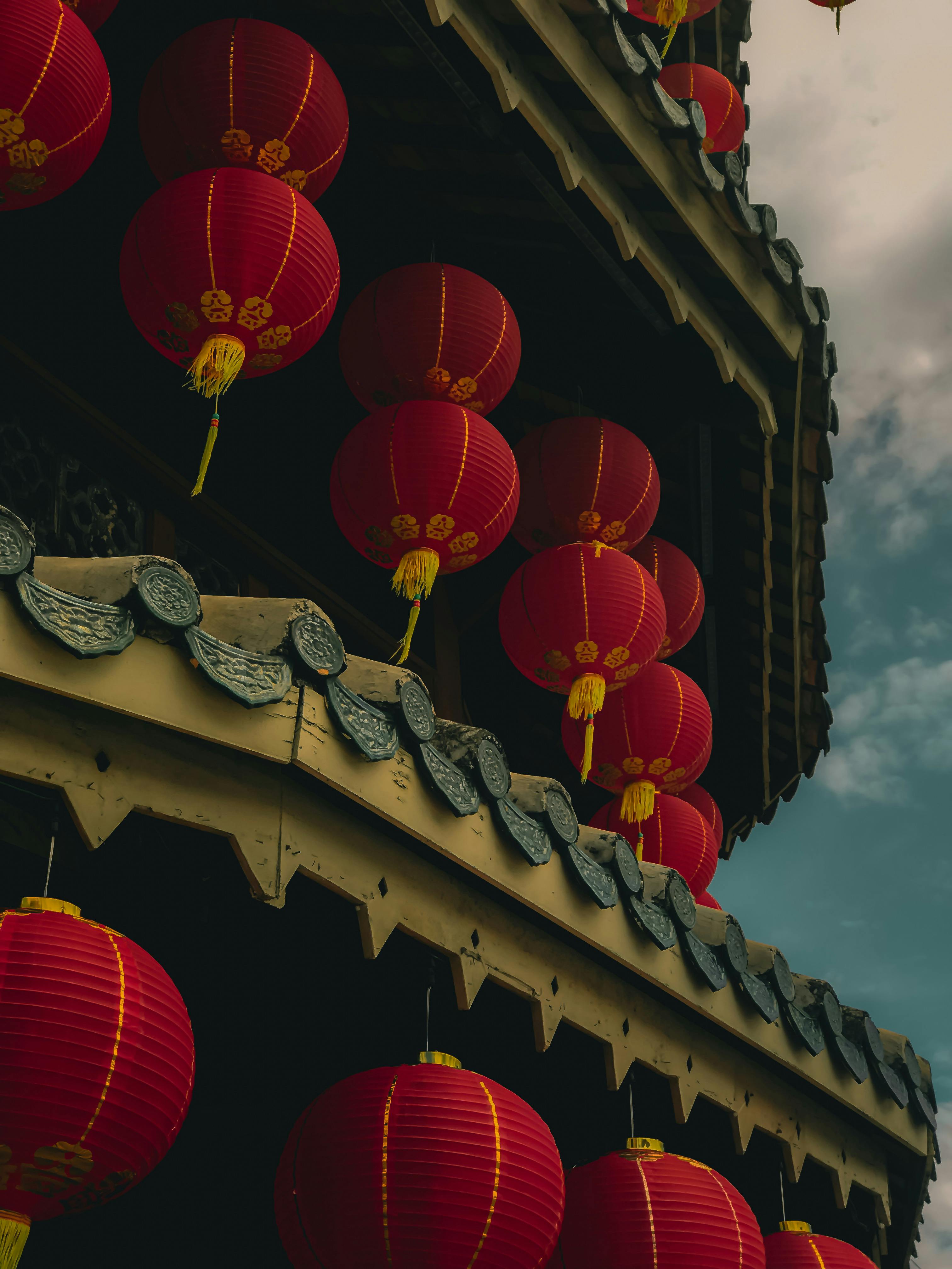 3024x4032 Red, Traditional Lanterns Hanging on Temple Wall · Free