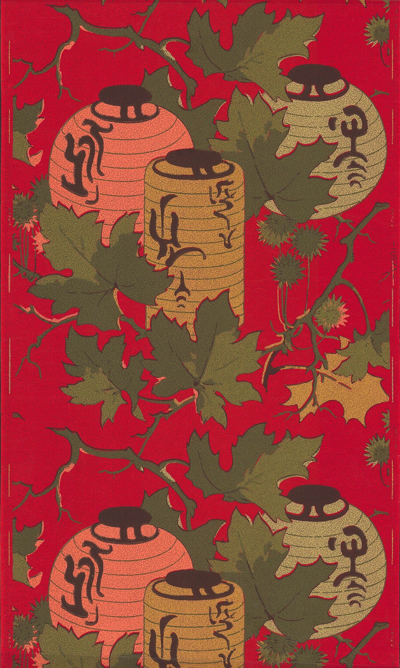1310x2189 Japanese Lanterns in Branches on Red Ground Wallpaper Remnant