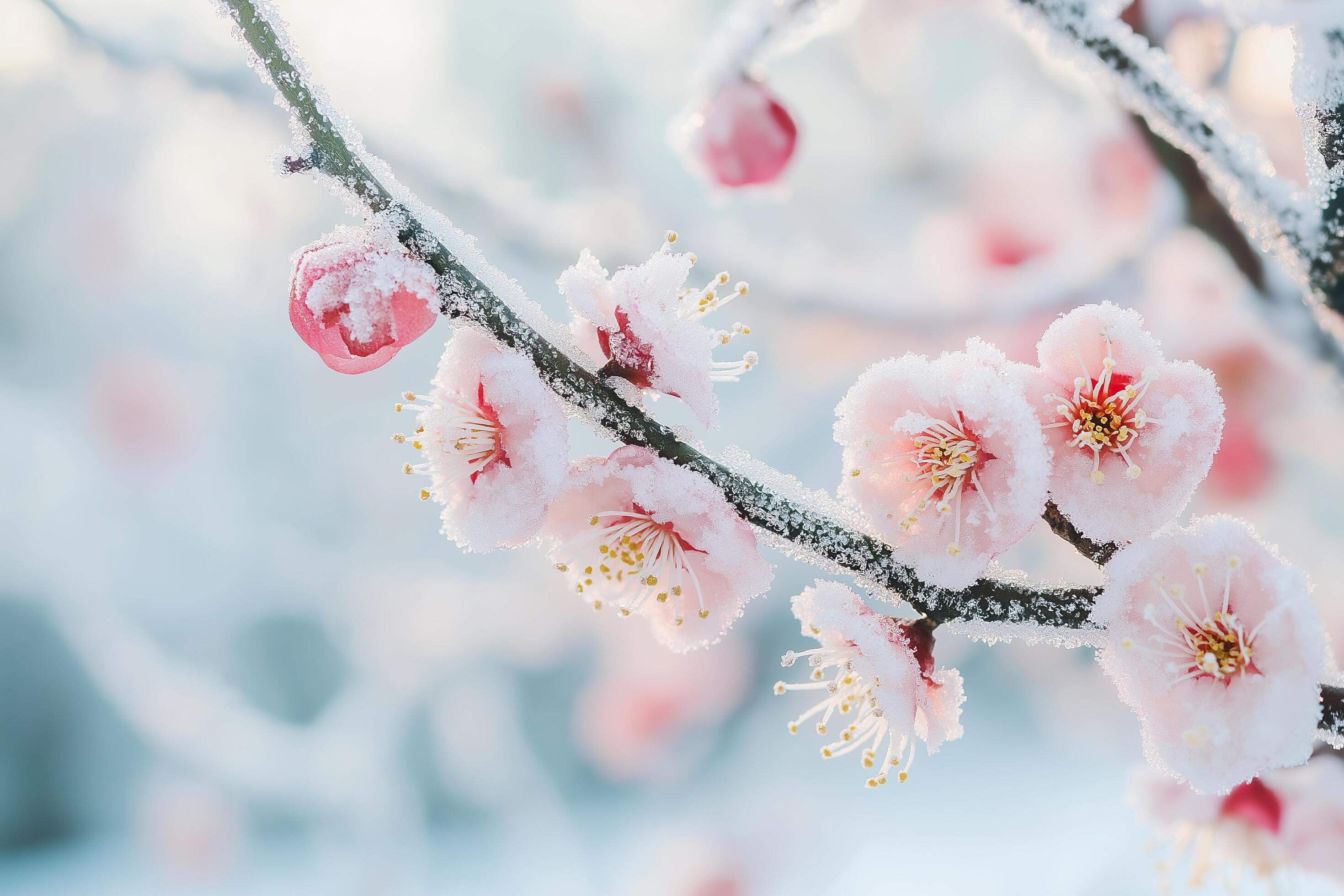 2940x1960 Frozen plum blossoms covered in frost, winter beauty, delicate ice crystals on pink flowers, nature in cold season