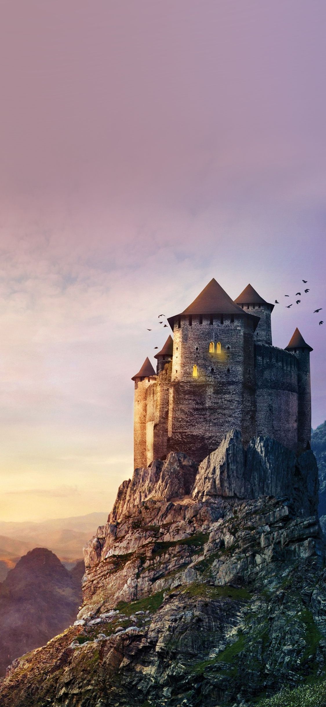 1125x2436 iPhone X wallpaper. castle mountain illustration art sky