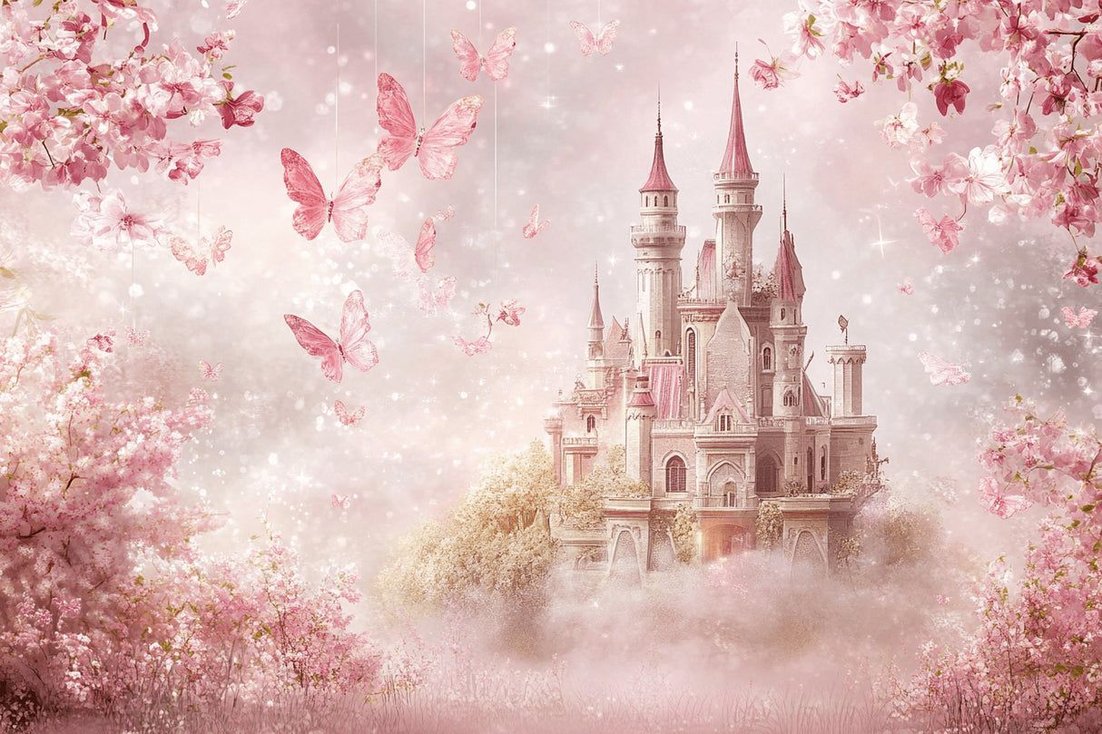 1214x809 Princess Castle Mural Wallpaper. Pink Fantasy with Butterflies