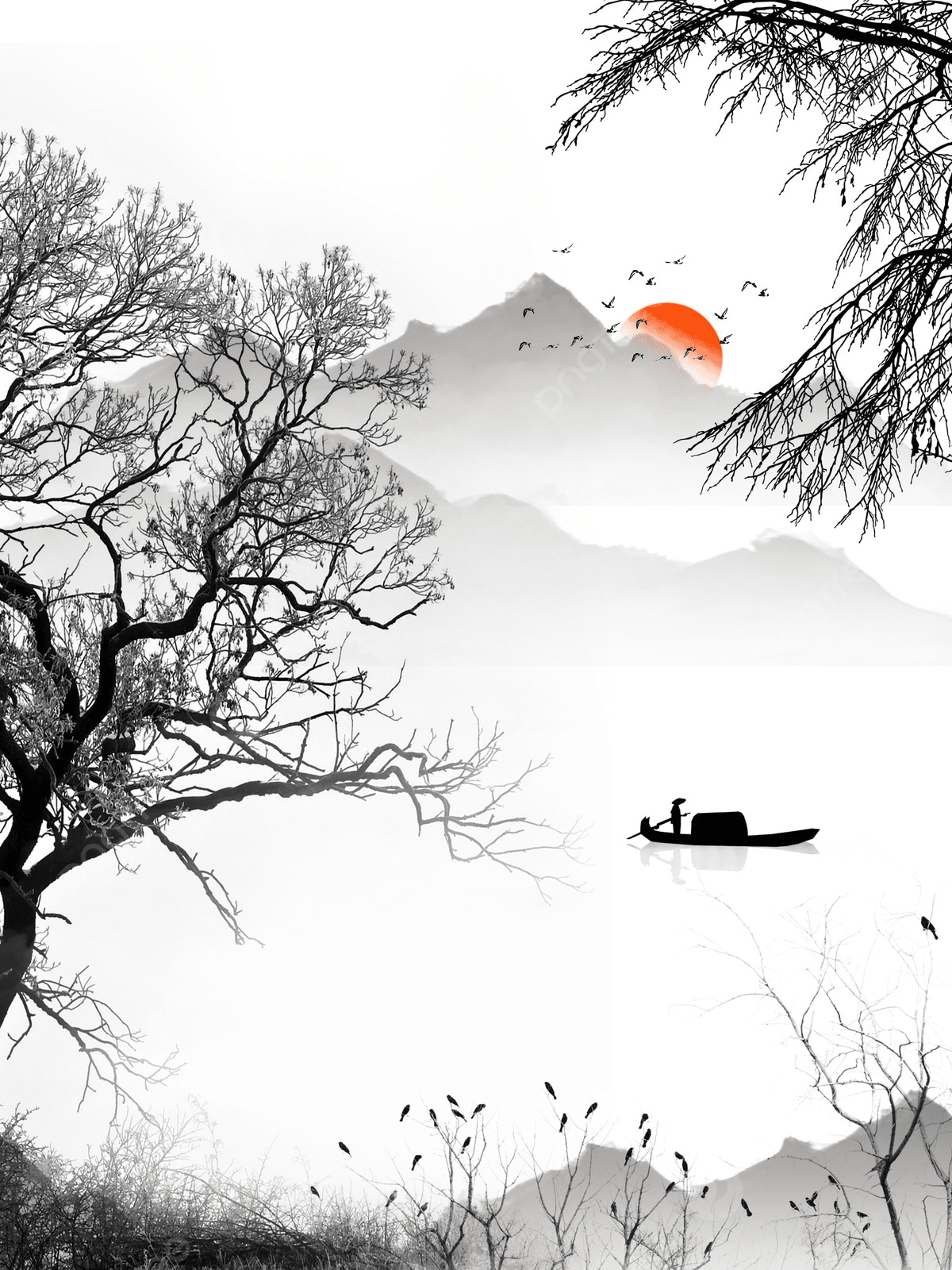 1200x1600 New Chinese Landscape Black And White Ink Living Room Decorative Painting Background Wallpaper Image For Free Download