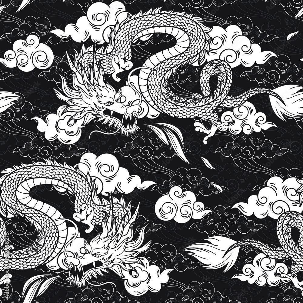 1000x1000 Vector seamless pattern with chinese dragon and clouds. Black and white hand draw. Abstract art print. Wallpaper, cloth design, fabric, tissue, textile design template, background. Stock Vector