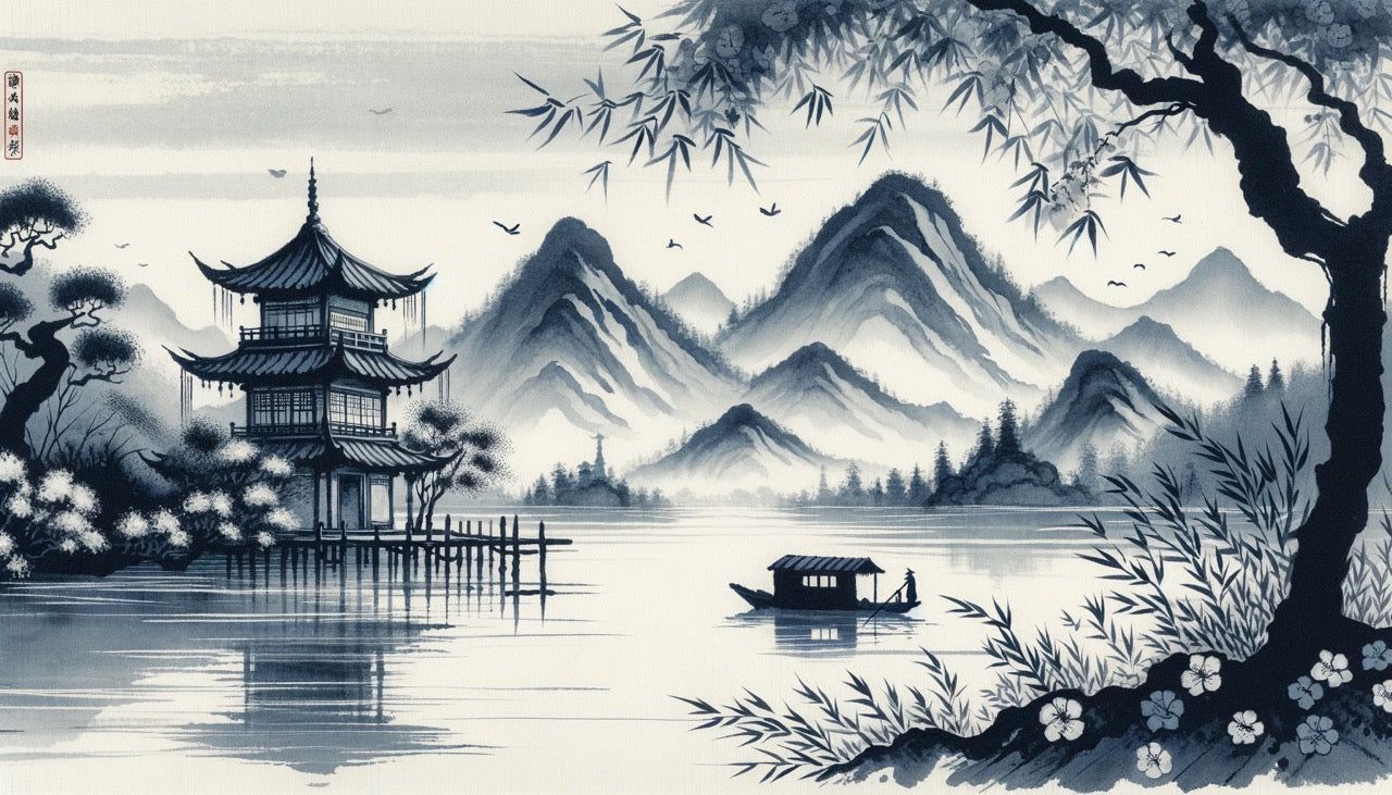 1280x731 Japanese Zen Mural Wallpaper. Japanese Temple in Watercolor Style Des