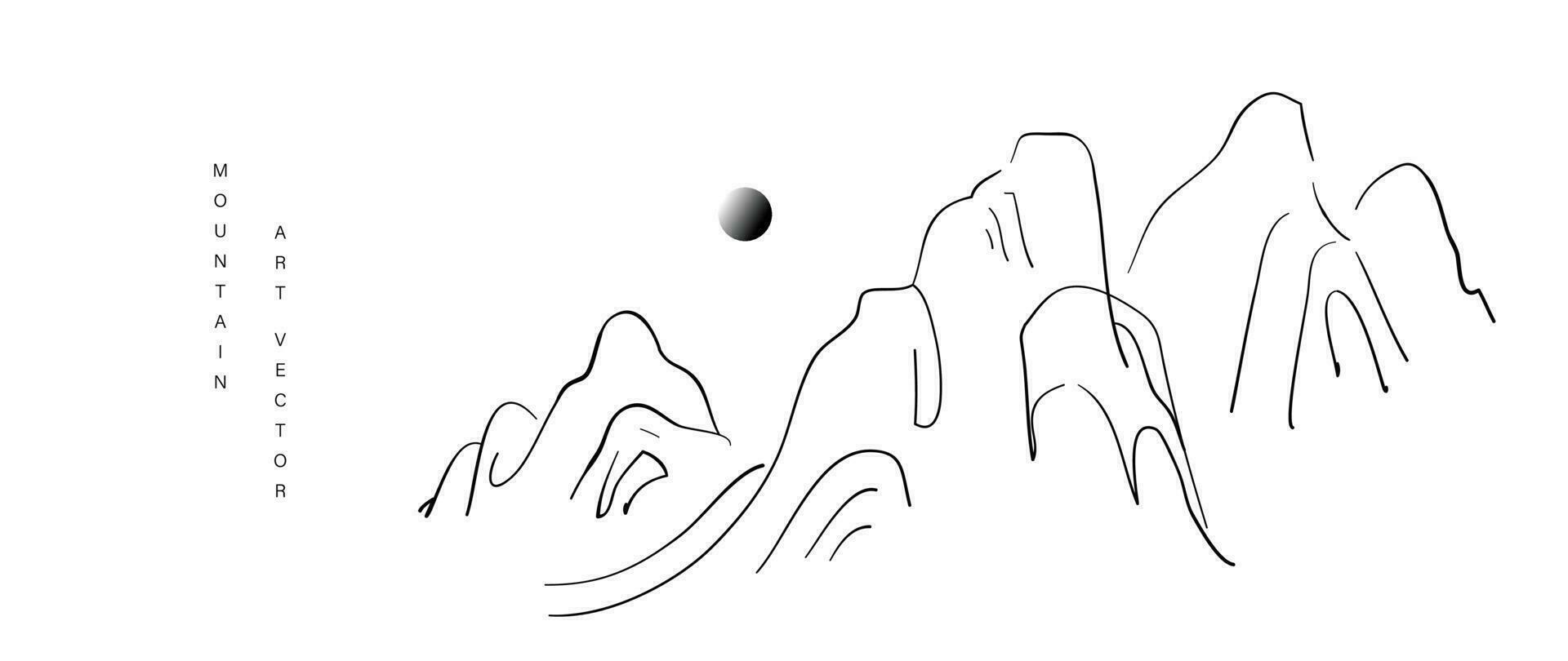1920x810 Mountain in oriental style background vector. Chinese landscape with Japanese ink brush, hills, line art, sun, black and white. Minimal art wallpaper design for print, wall art, cover and interior. 24402551