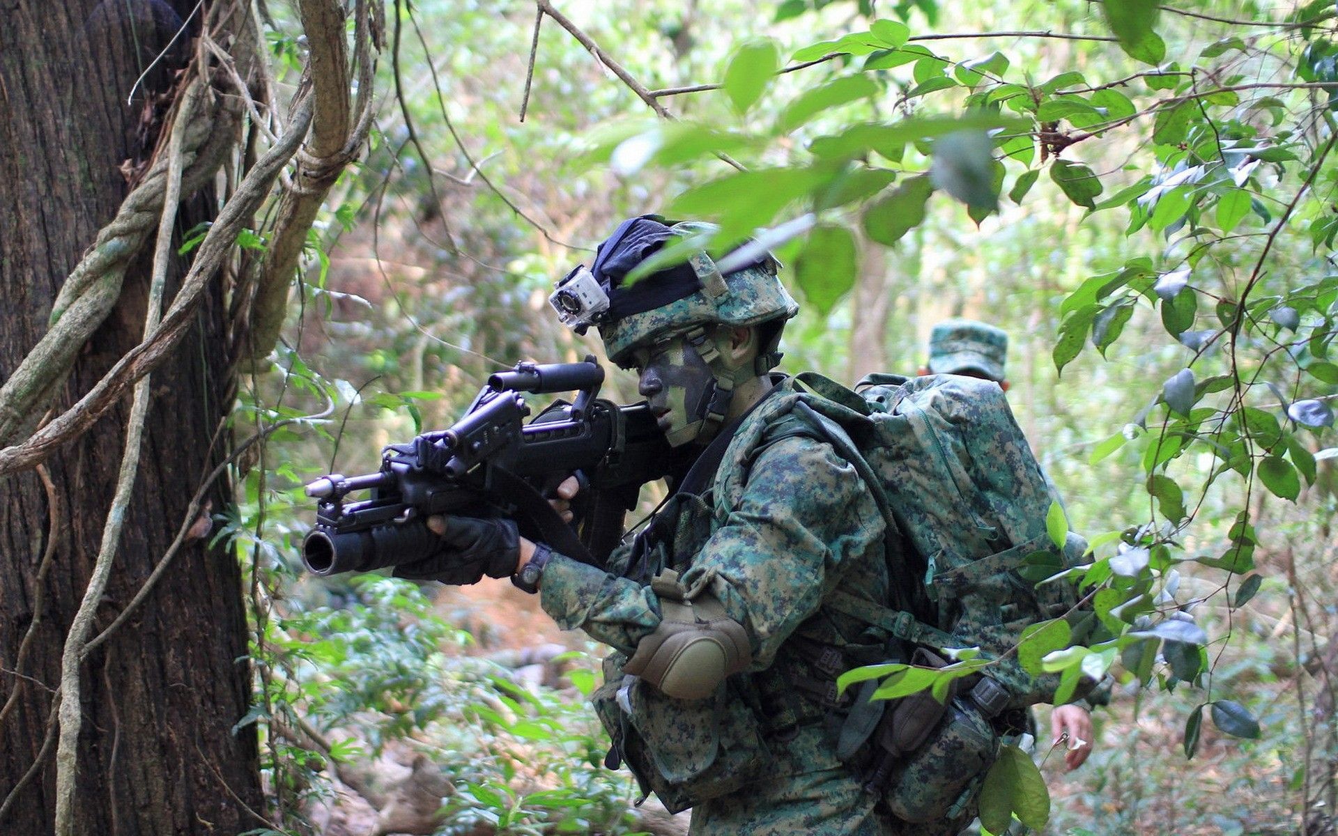 1920x1200 soldier, SAR Army Gear, Weapon, Assault Rifle, Singapore, Grenade Launchers, Forest, Camouflage, Military, Military Training Wallpaper HD / Desktop and Mobile Background