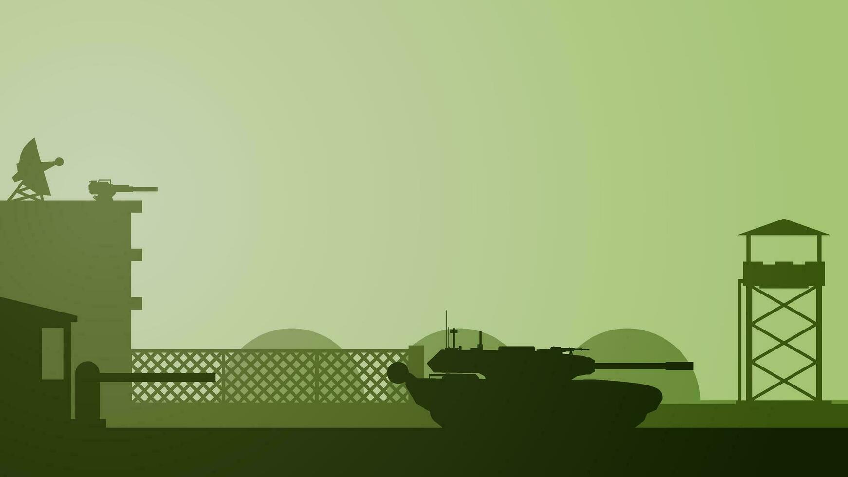 1742x980 Military base landscape vector illustration. Silhouette of military base gate with tank and watchtower. Military landscape for background, wallpaper or illustration. Army training field illustration