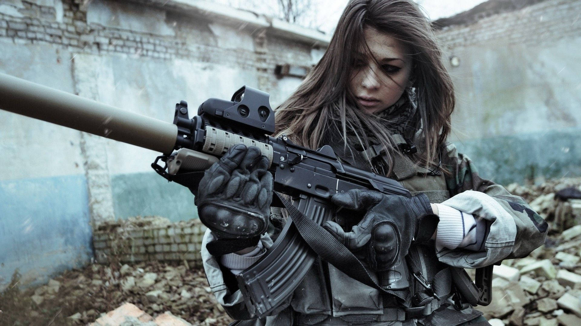 1920x1080 Military Woman Holding Assault Rifle Wallpaper