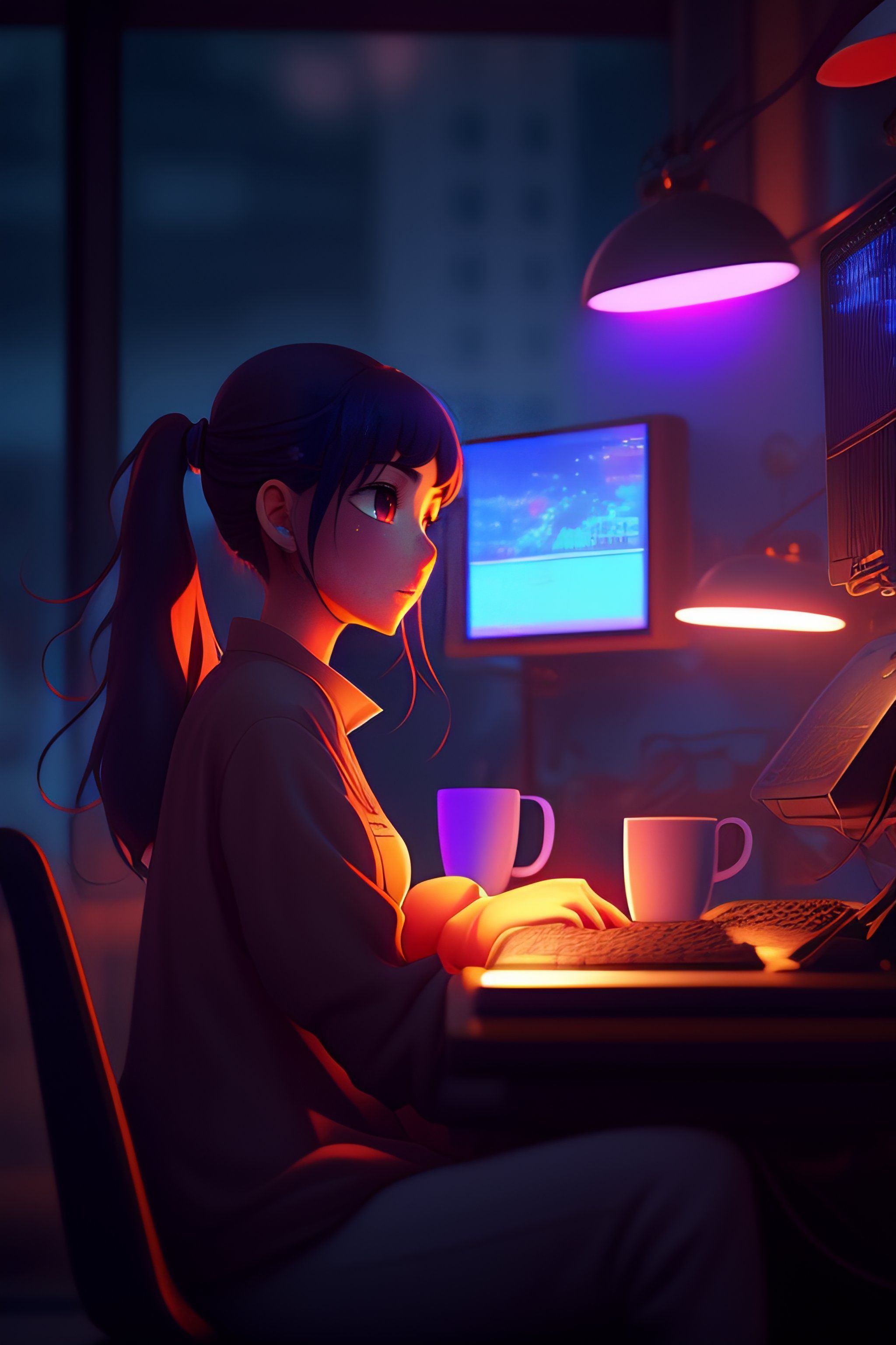 2048x3072 Lexica Anime Girl is programming at a computer, cozy, by makoto shinkai and ghibli studio, dramatic lighting, highly detailed, incredible qual