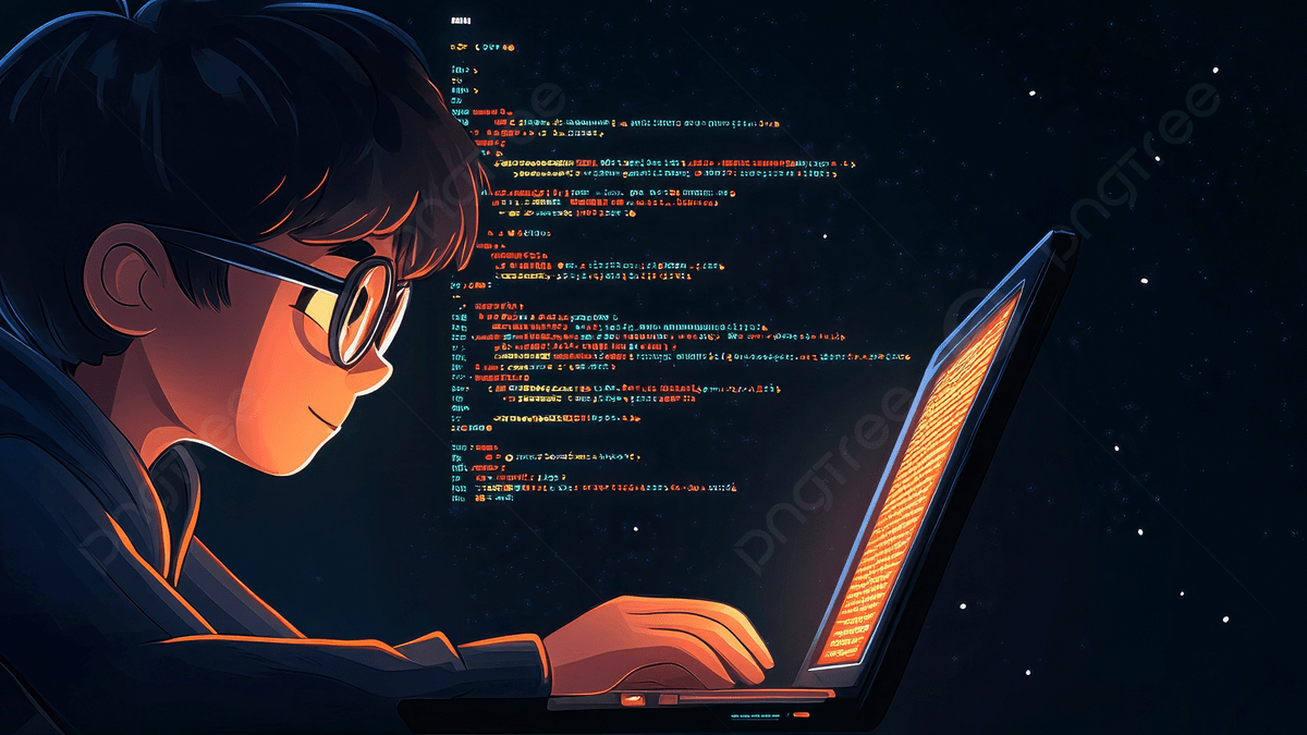 1200x675 A Cartoon Boy Wearing Glasses And Hoodie Is Coding On His Laptop Glow Of Code Lines Background, Boy, Laptop, Cartoon Background Image And Wallpaper for Free Download