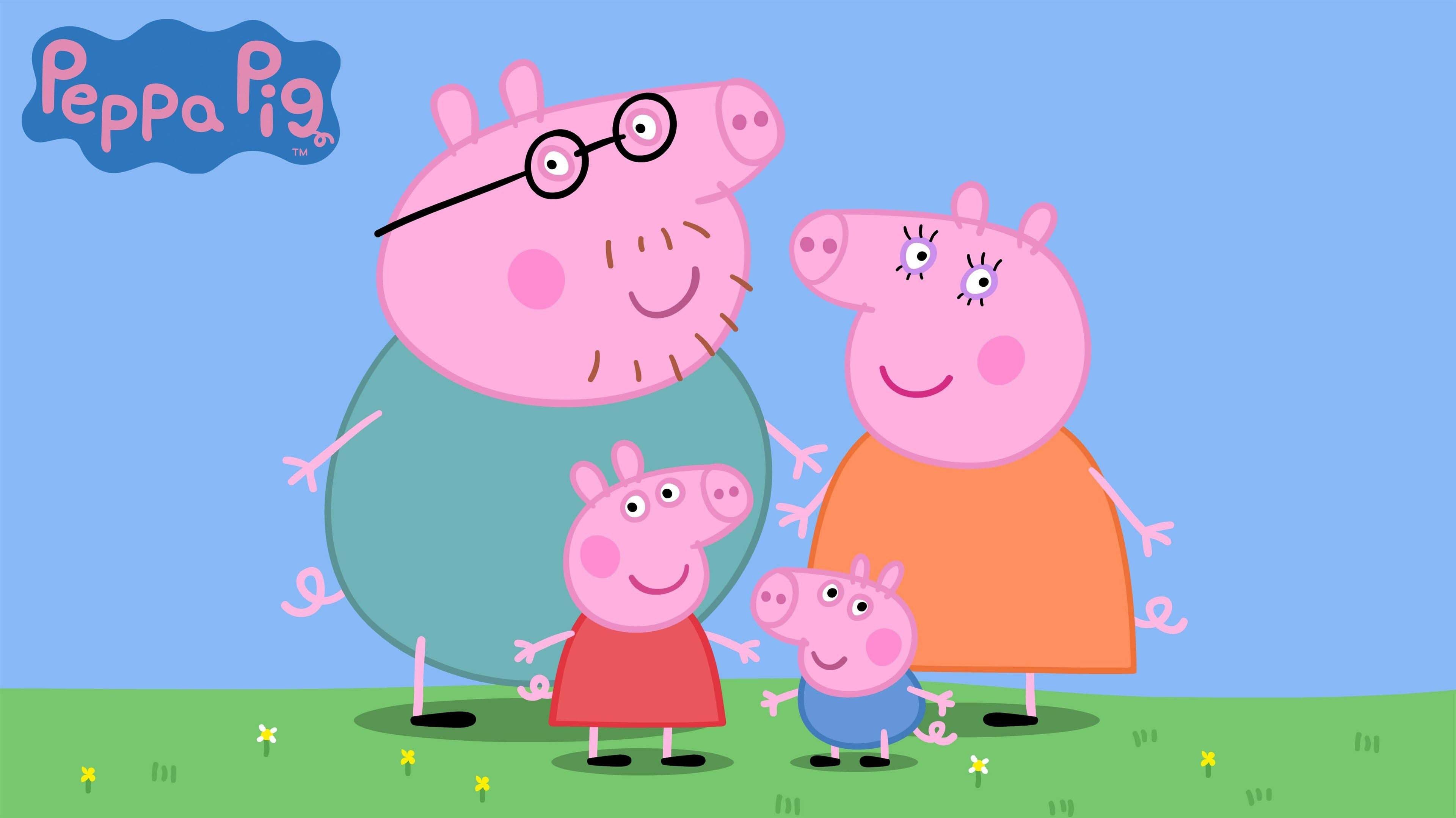 3840x2160 mummy pig daddy pig george pig peppa pig with hands in the air in blue background 4k HD anime Wallpaper