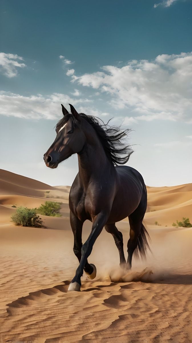 673x1201 A Beautiful Black Arabians Horse in the Desert for Your Phone Wallpaper