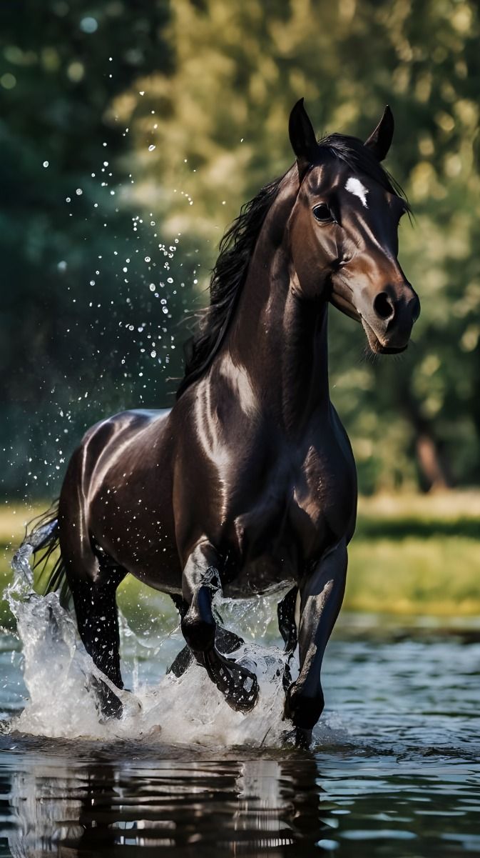 673x1201 Amazing View of Black Arabian Horse in the Water for Your Phone Wallpaper
