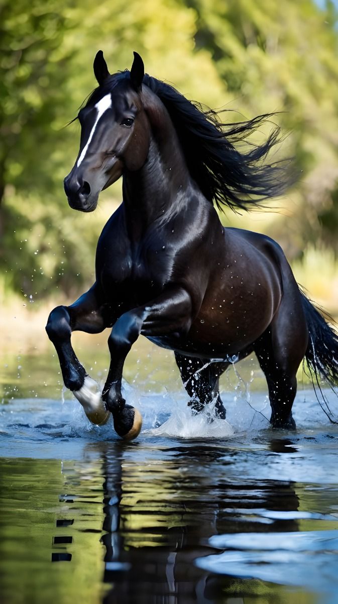 673x1201 Awesome Black Arabian Horse in the Water for Your Phone Wallpaper