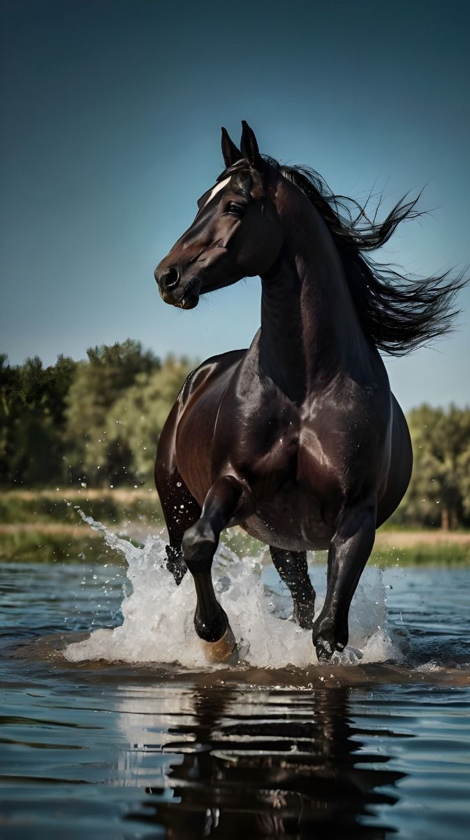 673x1201 A Wonderful Black Arabian Horse in the Water for Your Phone Wallpaper