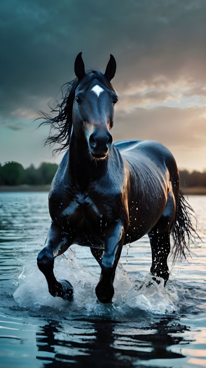 673x1201 A Striking Black Arabian Horse in the Water for Your Phone Wallpaper