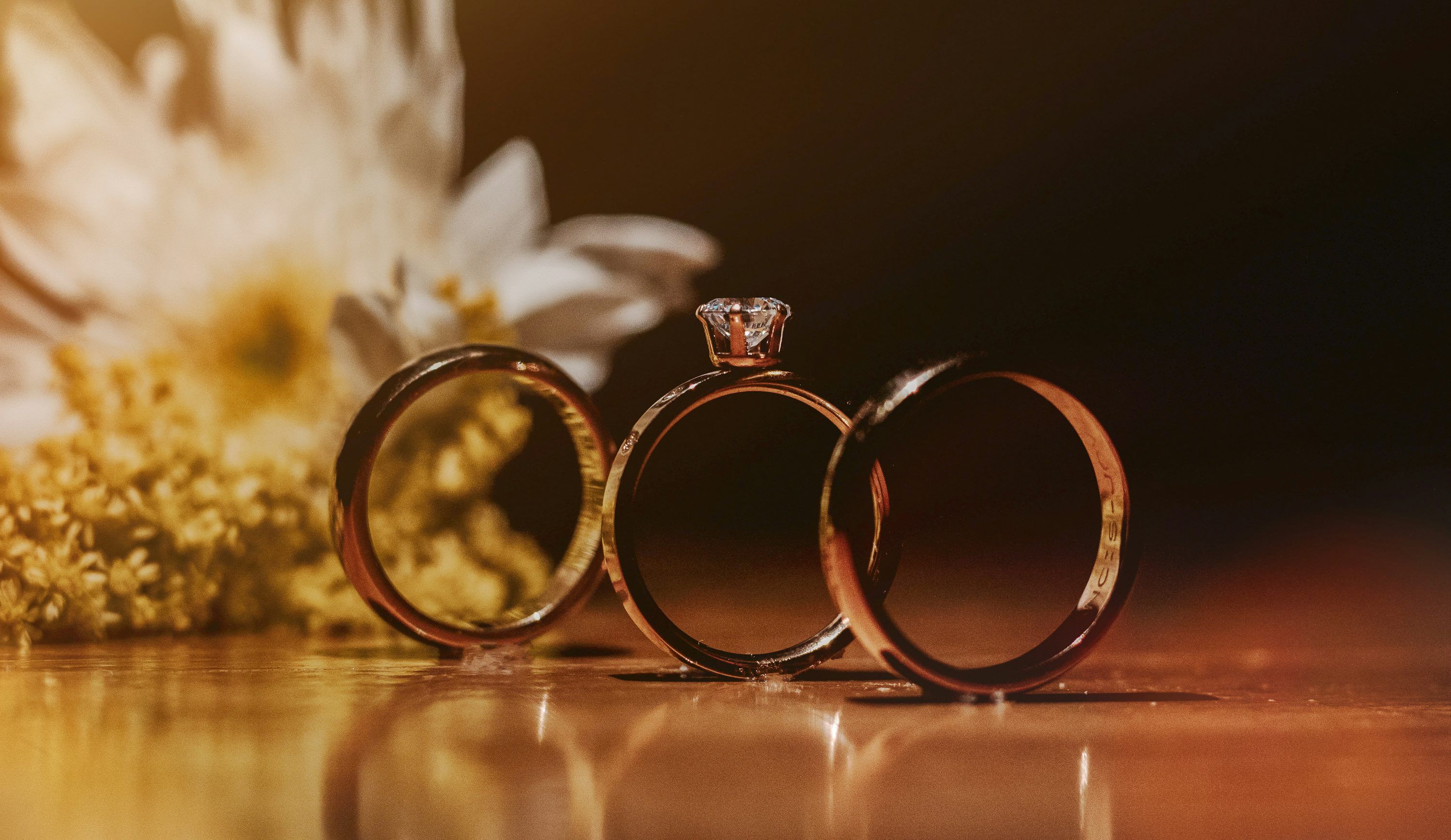 3000x1737 A couple of wedding rings sitting next to a flower photo
