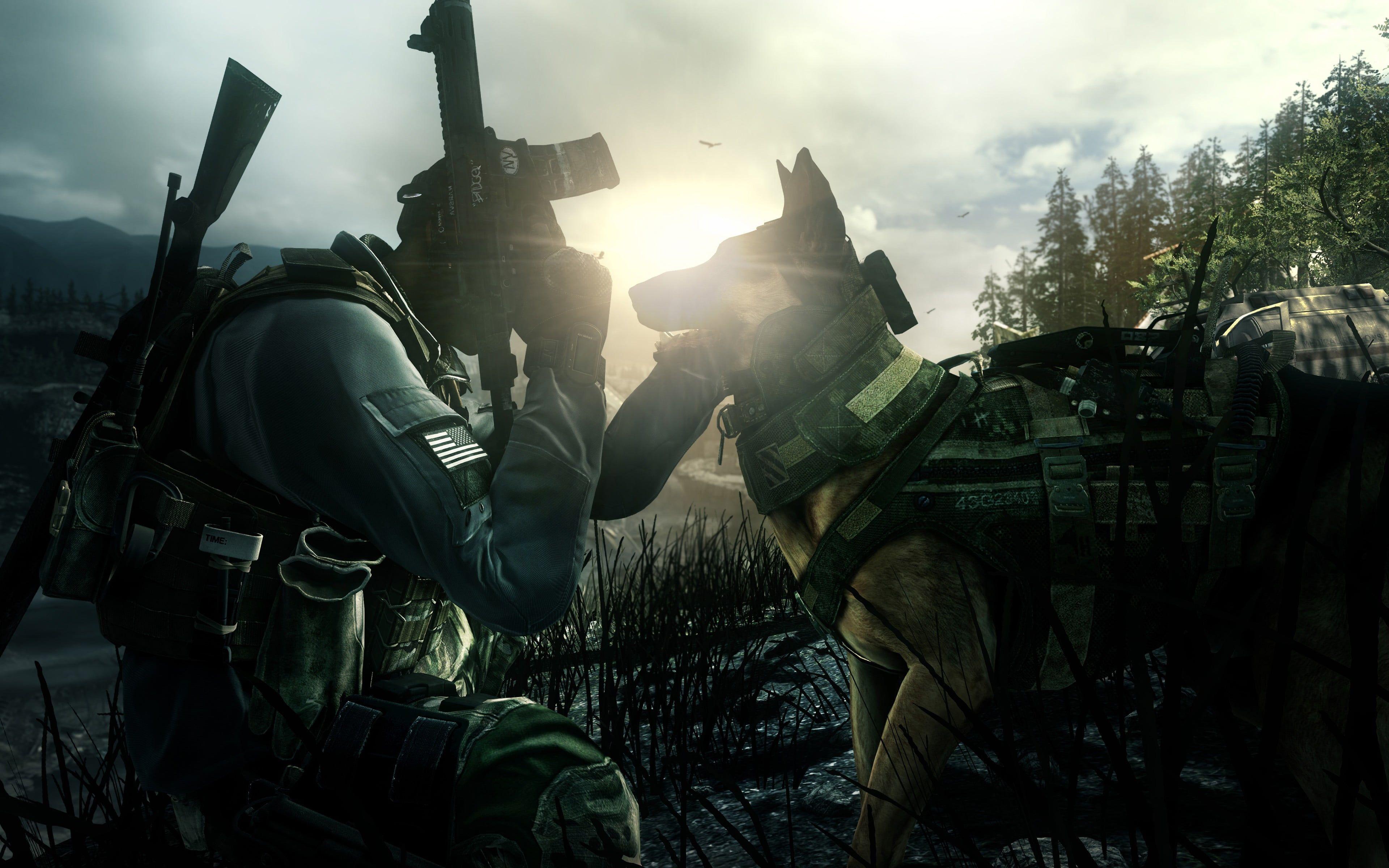 3840x2400 Man wearing black suit beside German shepherd game application digital wallpaper, Call of Duty: Ghosts, soldier, dog, military HD wallpaper