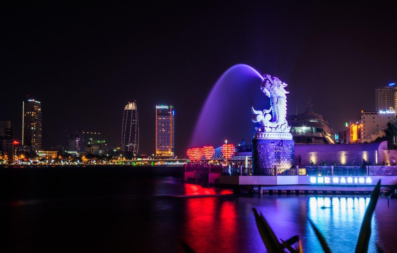 1332x850 Wallpaper photo, Night, The city, Dragon, Fountains, Vietnam, Da