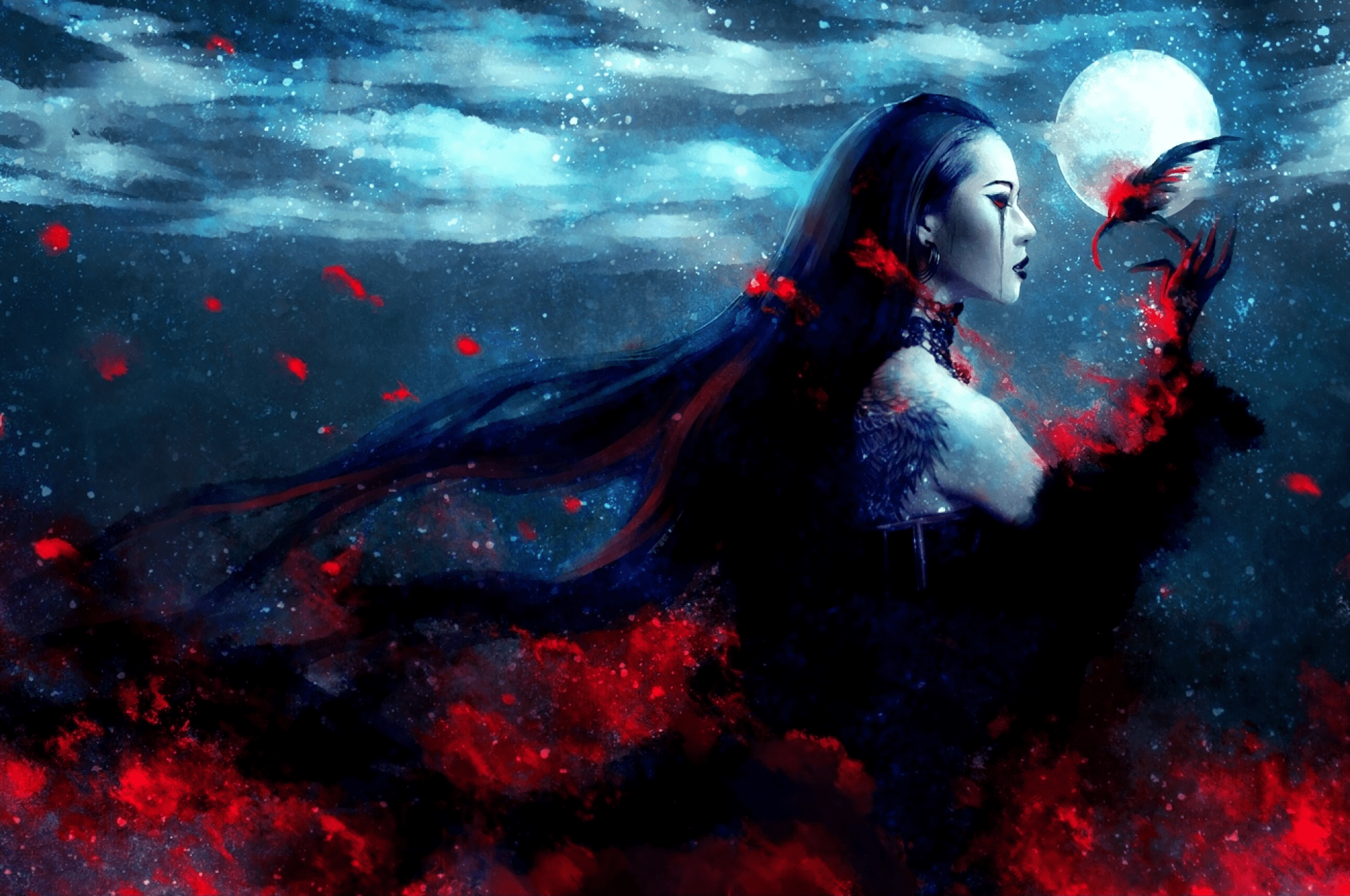 1920x1275 Dark Fantasy: Enigmatic Asian Woman Amid Red Shadows