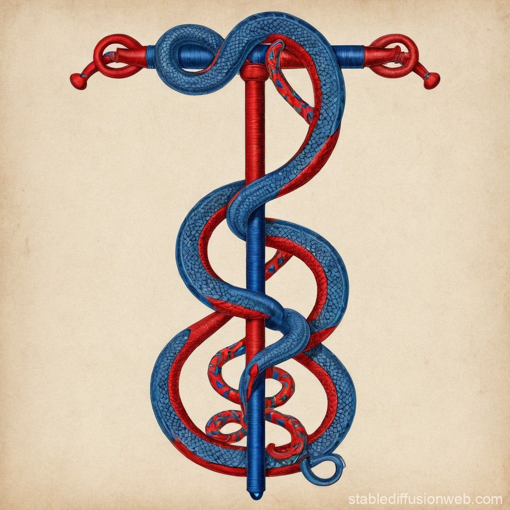 1024x1024 Schematic of the Rod of Asclepius with Blue and Red Serpents. Stable Diffusion Online
