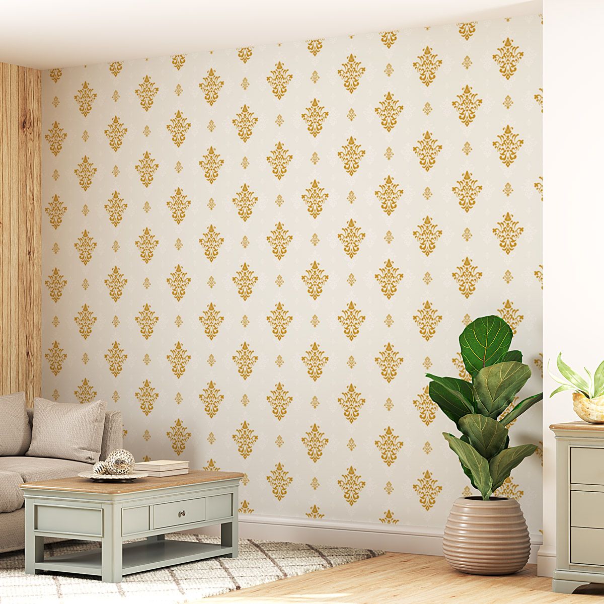 1200x1200 Golden Damask UV Digital Printed Self Adhesive Wallpaper Ornate Design