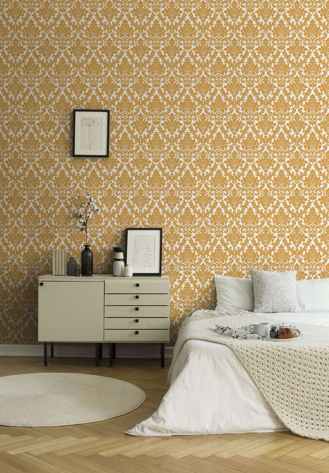 1115x1600 Golden wallpaper with baroque ornament, white