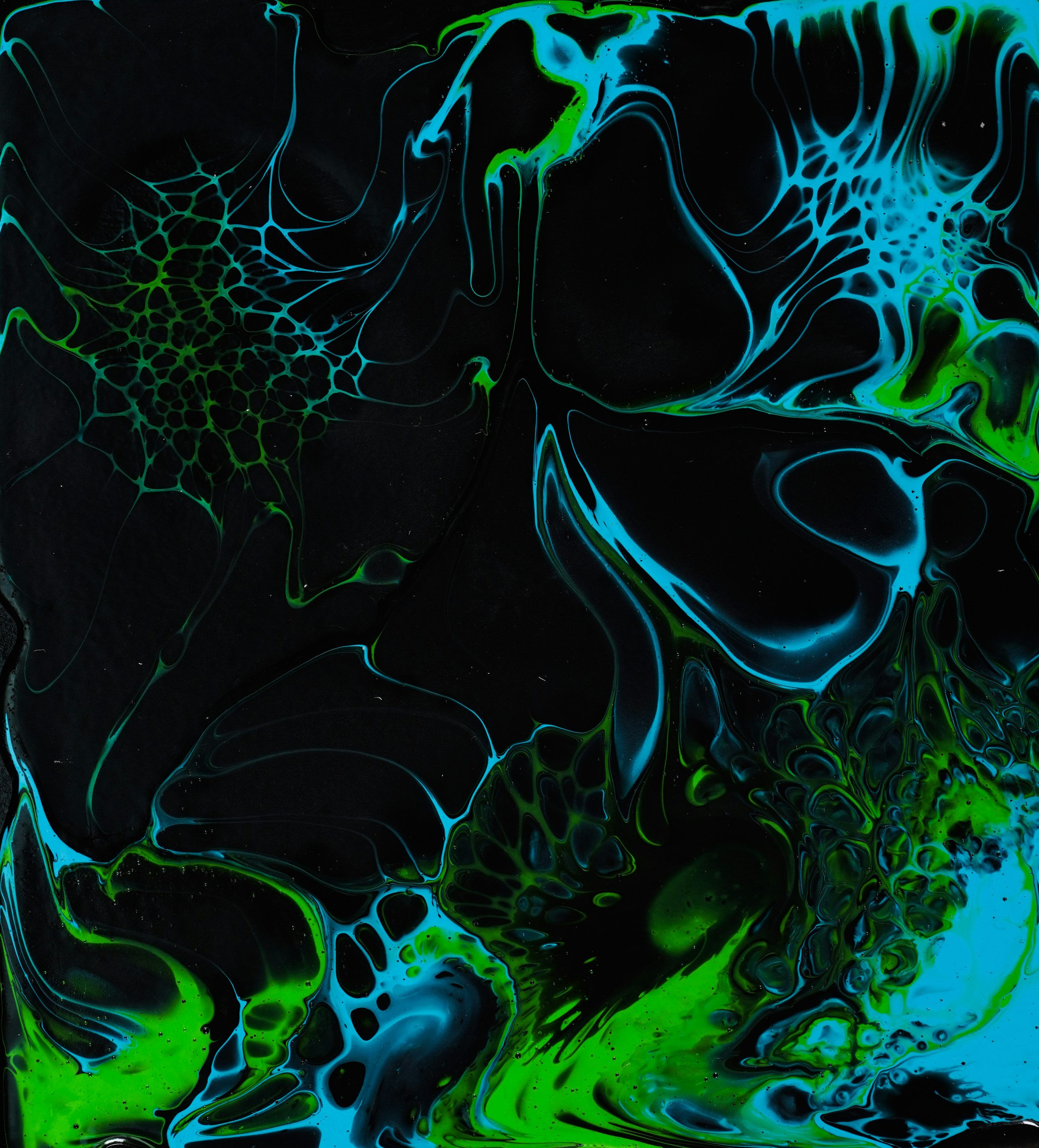 3000x3315 A black and blue background with green and black swirls