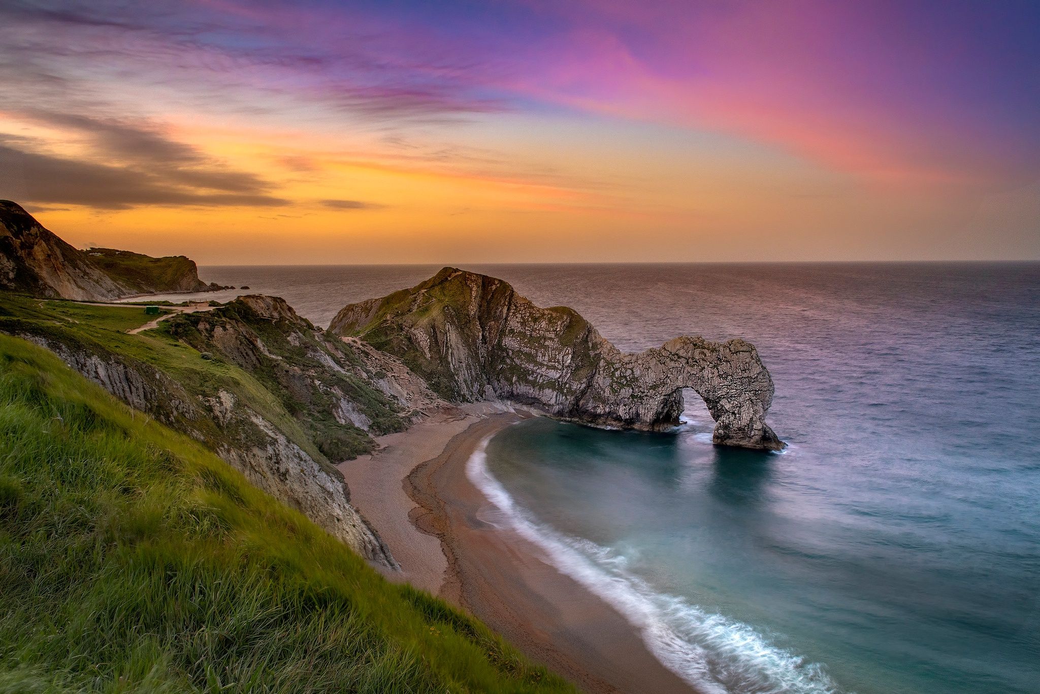 2048x1366 Wallpaper sea, sunset, rocks, coast, England, arch, England, The Channel for mobile and desktop, section пейзажи, resolution 2048x1366