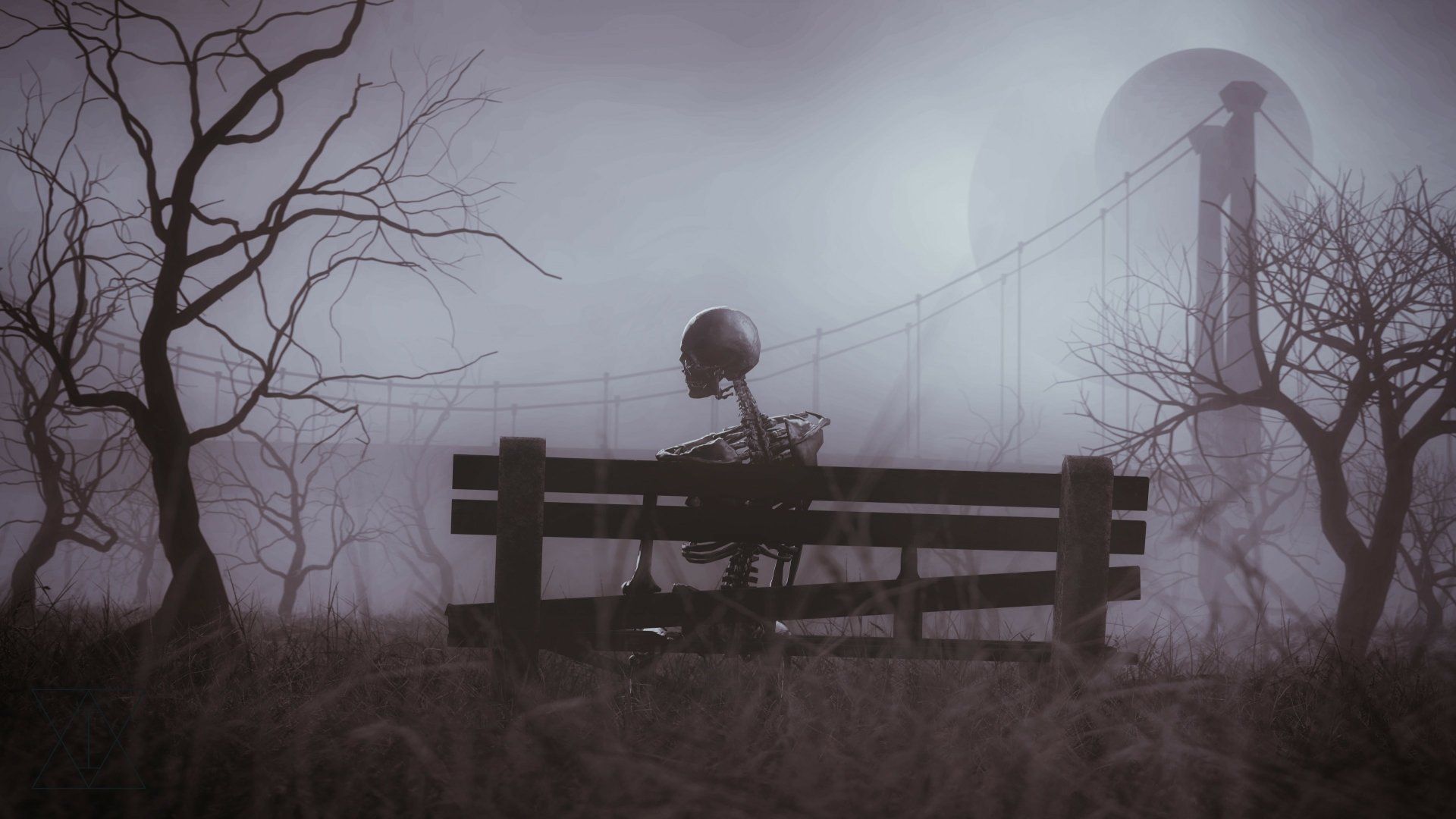 1920x1080 Eternal Wait: Dark Skeleton on Bench HD Wallpaper