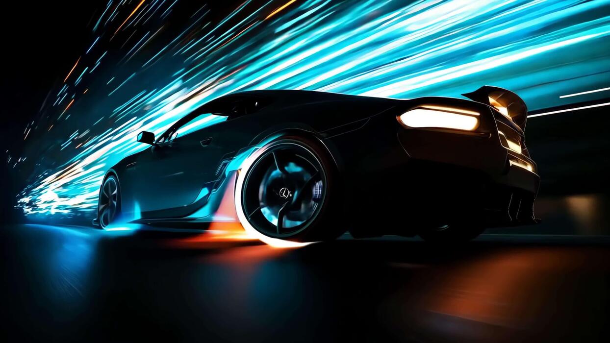1244x700 A black sports car driving on a dark road